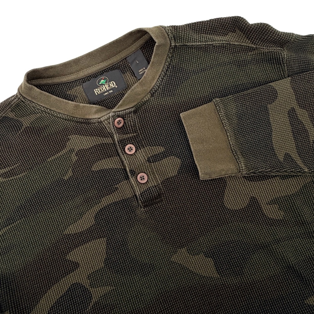 RedHead Henley Shirt Mens Large Green Camo Excellent Waffle Knit Thermal Cotton